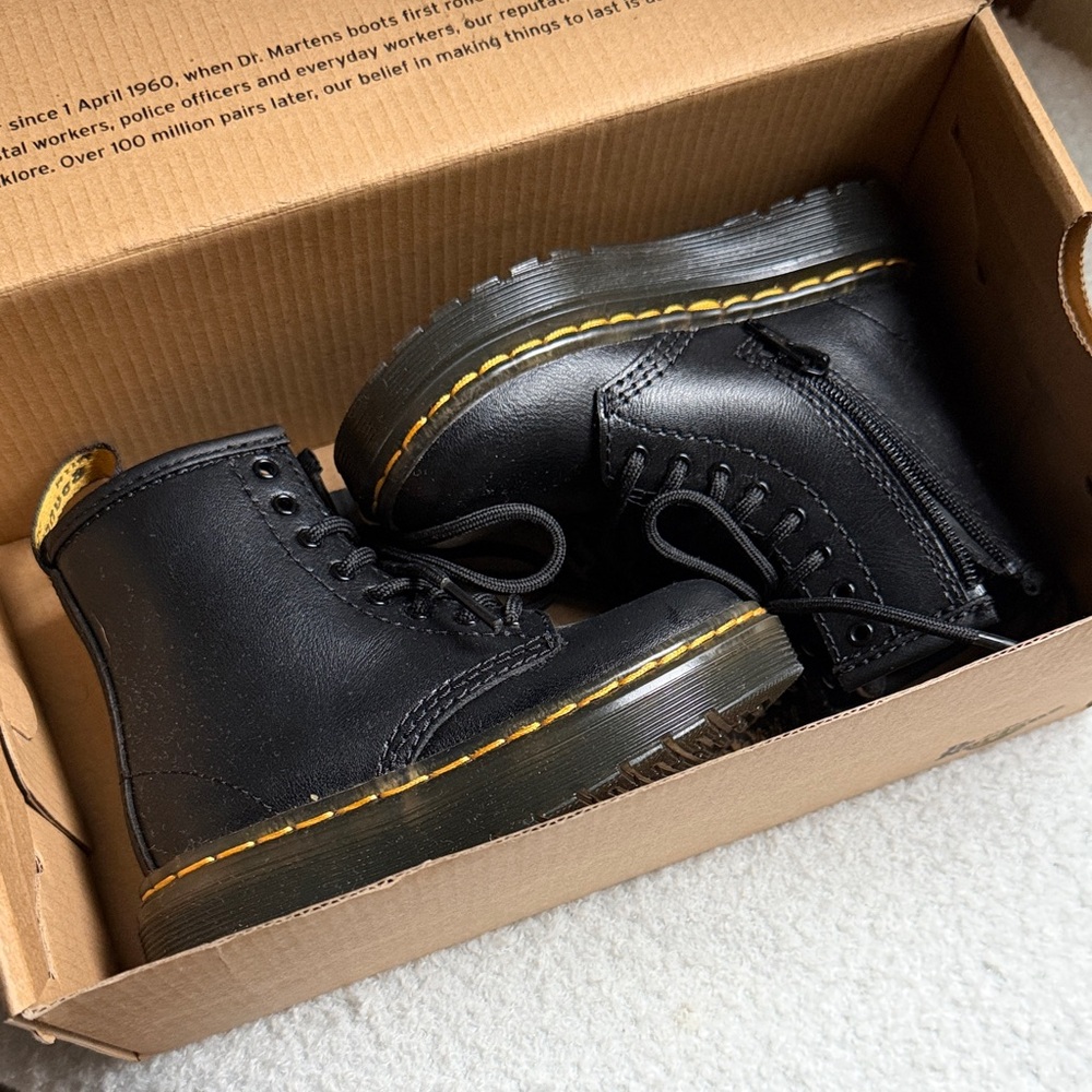 Baby Dr. Martens Black Leather Lace-Up Boots with Yellow Stitching